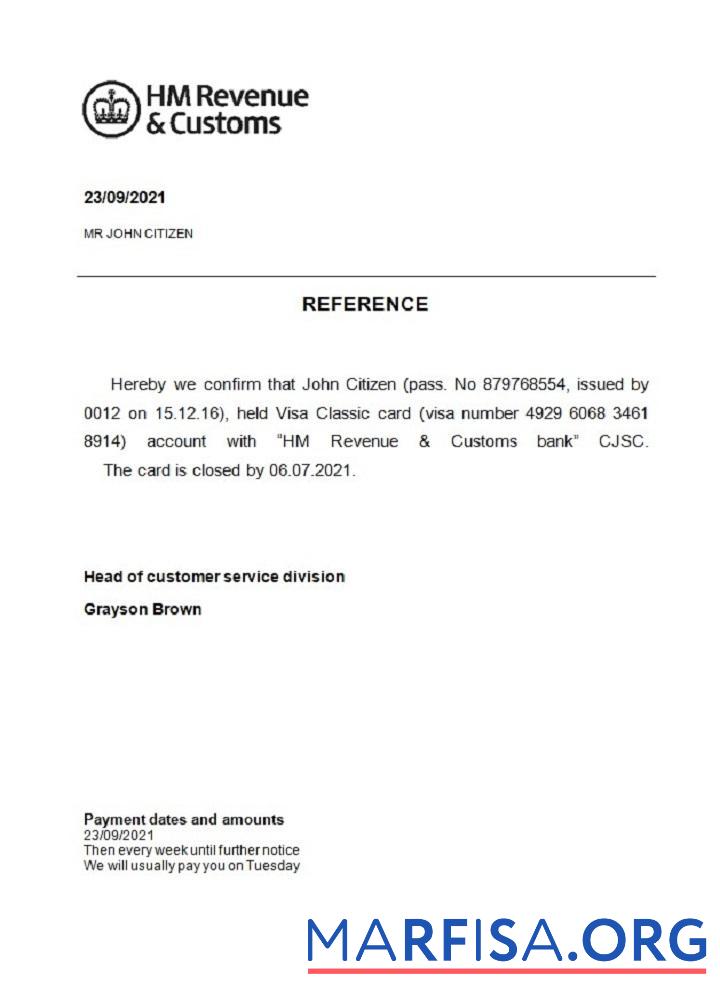 Downloadable United Kingdom HM Revenue & Customs closure reference real example